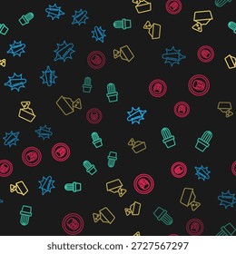 Set line Hot chili pepper pod, Cactus or succulent in pot, Nachos bowl and Mexican skull coin on seamless pattern. Vector