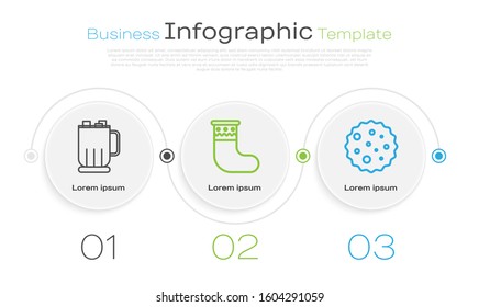 Set line Hot chocolate cup with marshmallows, Christmas stocking and Cookie or biscuit with chocolate. Business infographic template. Vector