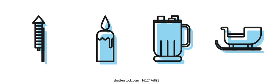 Set line Hot chocolate cup with marshmallows, Firework rocket, Burning candle in candlestick and Christmas santa claus sleigh icon. Vector