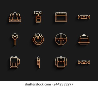 Set line Hot chocolate cup with marshmallows, Firework rocket, Christmas trees, sweater, Candy, wreath, Cake and Gift box icon. Vector