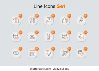 Set line Hot price, Dollar symbol, Telephone 24 hours support, Market store, Discount percent tag, Return cardboard box and Mobile with dollar icon. Vector