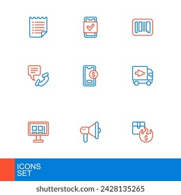 Set line Hot price, Megaphone, Online shopping screen, Delivery cargo truck, Telephone 24 hours support, Mobile with dollar, Barcode and  icon. Vector