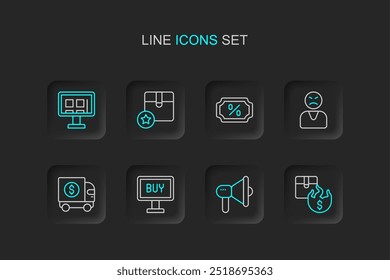 Set line Hot price, Megaphone, Buy button, Armored truck, Angry customer, Discount percent tag, Carton cardboard box and Online shopping screen icon. Vector