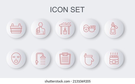 Set line Hot sauna stones, Facial cosmetic mask, Aroma candle, Sauna mittens, bucket, Man in the, Shower and Bathroom scales icon. Vector