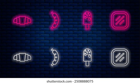 Set line Hotdog, Ice cream, Croissant and Steak meat. Glowing neon icon on brick wall. Vector