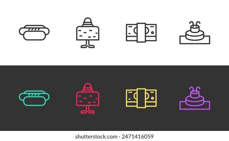 Set line Hotdog, Magic ball on table, Stacks paper money cash and Fountain on black and white. Vector