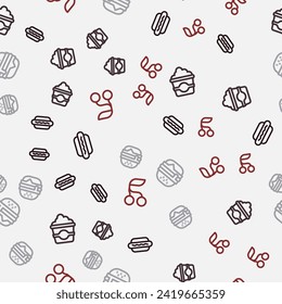 Set line Hotdog, Popcorn in cardboard box, Burger and Fresh berries on seamless pattern. Vector