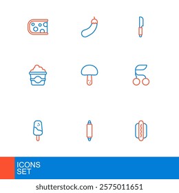 Set line Hotdog, Rolling pin, Ice cream, Fresh berries, Popcorn cardboard box, Mushroom, Knife and Eggplant icon. Vector