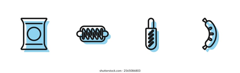 Set line Hotdog sandwich, Bag or packet potato chips,  and  icon. Vector