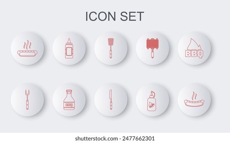 Set line Hotdog sandwich, Barbecue fork, spatula, Ketchup bottle, Mustard,  and knife icon. Vector