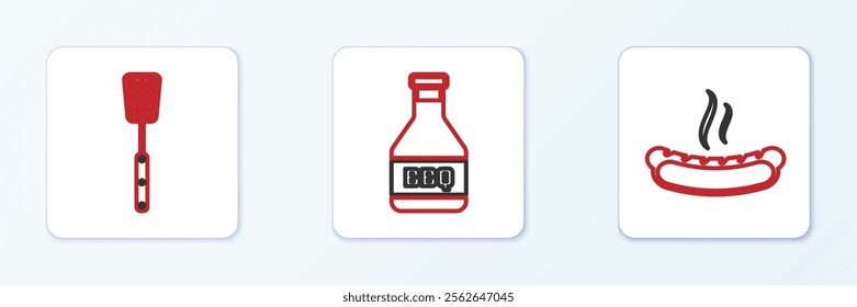 Set line Hotdog sandwich, Barbecue spatula and Ketchup bottle icon. Vector