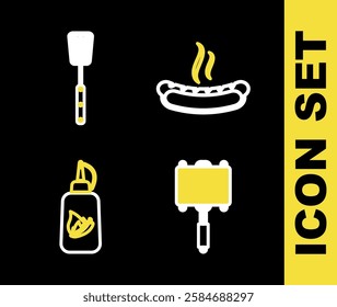 Set line Hotdog sandwich, Barbecue steel grid, Ketchup bottle and spatula icon. Vector