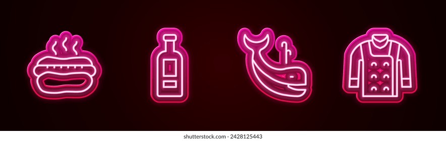 Set line Hotdog sandwich, Bottle of vodka, Whale and Sweater. Glowing neon icon. Vector
