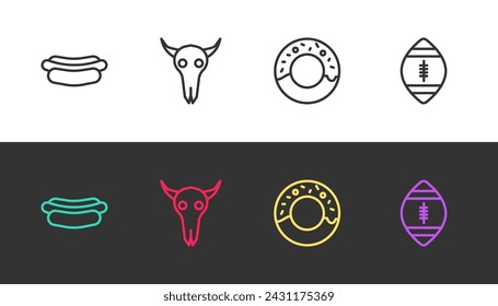 Set line Hotdog sandwich, Buffalo skull, Donut and American Football ball on black and white. Vector