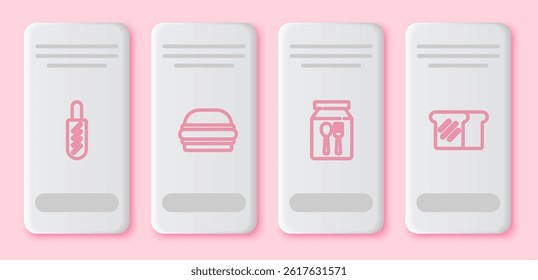 Set line Hotdog sandwich, Burger, Online ordering delivery and Bread toast. White rectangle button. Vector