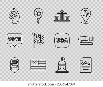 Set line Hotdog sandwich, Declaration of independence, White House, American flag, Native Indian,  and Cannon icon. Vector