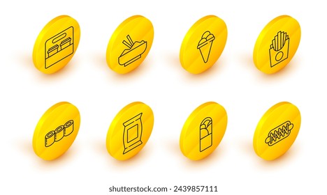 Set line Hotdog sandwich, Doner kebab, Bag or packet potato chips, Sushi, Potatoes french fries in box, Ice cream waffle cone, Rice bowl with chopstick and Coffee cup go icon. Vector