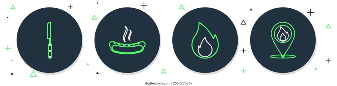 Set line Hotdog sandwich, Fire flame, Barbecue knife and Location with fire icon. Vector