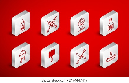 Set line Hotdog sandwich, Grilled shish kebab, Location with fire flame, Ketchup bottle, Crossed fork knife, Barbecue steel grid and grill icon. Vector