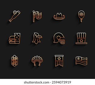 Set line Hotdog sandwich, Indian headdress with feathers, Baseball bat ball, American flag, Eagle, Patriotic top hat and football helmet icon. Vector