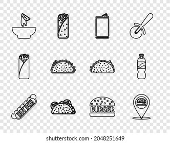 Set line Hotdog sandwich, Location with burger, Aluminum can, Taco tortilla, Nachos plate, Burger and Bottle of water icon. Vector