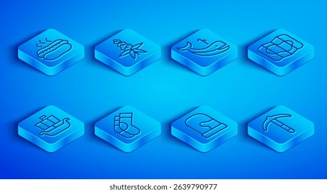 Set line Hotdog sandwich, Lupine flower, Whale, Socks, Christmas mittens, Map of Iceland, Viking ship Drakkar and Pickaxe icon. Vector