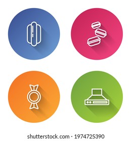 Set line Hotdog sandwich, Macaron cookie, Candy and Kitchen extractor fan. Color circle button. Vector