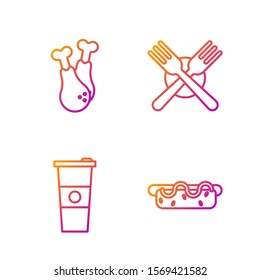 Set line Hotdog sandwich with mustard, Paper glass and water, Chicken leg and Crossed fork. Gradient color icons. Vector