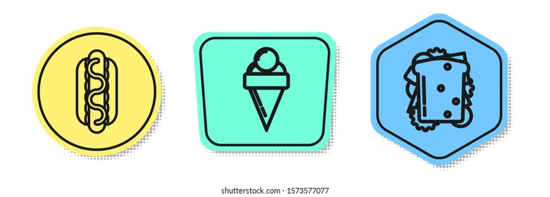 Set line Hotdog sandwich with mustard, Ice cream in waffle cone and Sandwich. Colored shapes. Vector