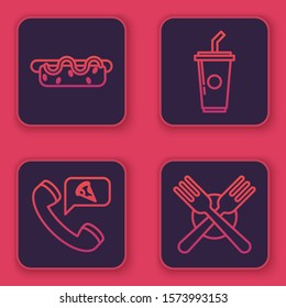 Set line Hotdog sandwich with mustard, Food ordering pizza, Paper glass with drinking straw and water and Crossed fork. Blue square button. Vector