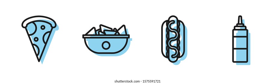 Set line Hotdog sandwich with mustard, Slice of pizza, Nachos in plate and Sauce bottle icon. Vector