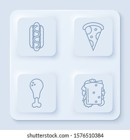 Set line Hotdog sandwich with mustard, Slice of pizza, Chicken leg and Sandwich. White square button. Vector