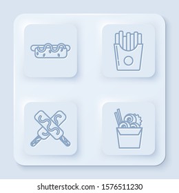 Set line Hotdog sandwich with mustard, Potatoes french fries in carton package box, Ice cream and Asian noodles in paper box and chopsticks. White square button. Vector