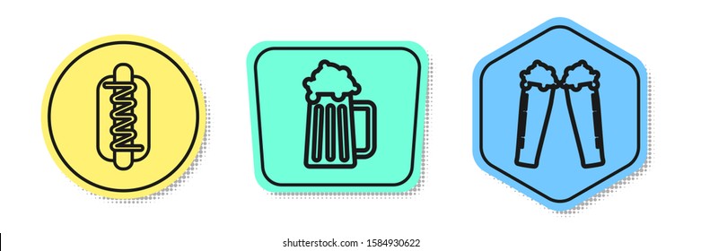 Set line Hotdog sandwich with mustard, Wooden beer mug and Glass of beer. Colored shapes. Vector