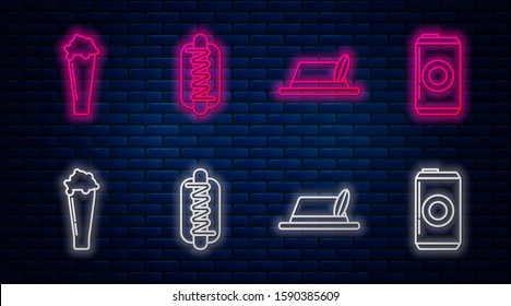 Set line Hotdog sandwich with mustard, Oktoberfest hat, Glass of beer and Beer can. Glowing neon icon on brick wall. Vector