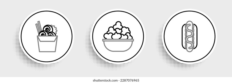 Set line Hotdog sandwich with mustard, Asian noodles in paper box chopsticks and Popcorn bowl icon. Vector