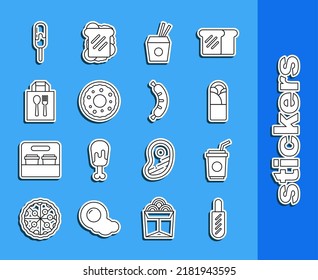 Set line Hotdog sandwich, Paper glass with straw, Doner kebab, Asian noodles chopsticks, Donut, Online ordering delivery, Ice cream and  icon. Vector