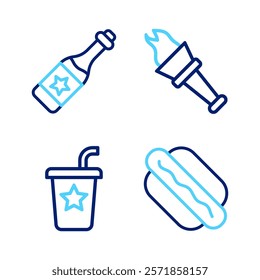 Set line Hotdog sandwich, Paper glass with straw, Torch flame and Champagne bottle icon. Vector