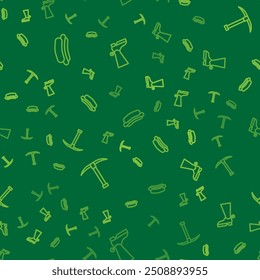 Set line Hotdog sandwich, Pickaxe and Cowboy boot on seamless pattern. Vector