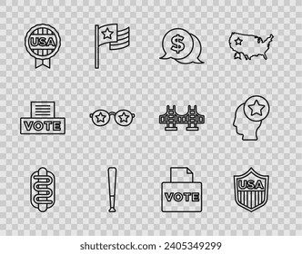 Set line Hotdog sandwich, Shield with stars, Coin money dollar, Baseball bat, Medal, Glasses, Vote box and USA Head icon. Vector