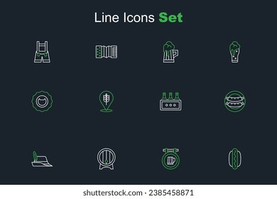 Set line Hotdog sandwich, Street signboard with beer, Wooden barrel on rack, Oktoberfest hat, Sausage, Pack of bottles, Wheat and Bottle opener icon. Vector