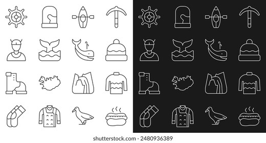 Set line Hotdog sandwich, Sweater, Beanie hat, Kayak paddle, Whale tail, Viking head, Ship steering wheel and  icon. Vector