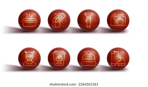 Set line Hotdog sandwich, Viking head, Photo camera, Beanie hat, Yogurt container, Socks, Winter warm boot and Flashlight icon. Vector
