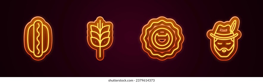 Set line Hotdog sandwich, Wheat, Bottle opener and Oktoberfest man. Glowing neon icon. Vector