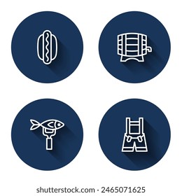Set line Hotdog sandwich, Wooden barrel on rack, Dried fish and Lederhosen with long shadow. Blue circle button. Vector