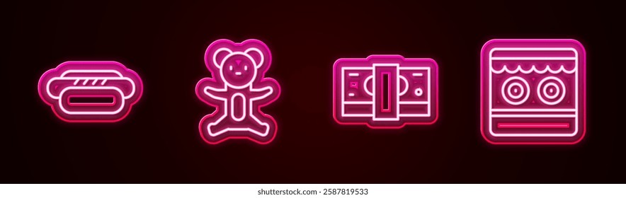 Set line Hotdog, Teddy bear plush toy, Stacks paper money cash and Shooting gallery. Glowing neon icon. Vector