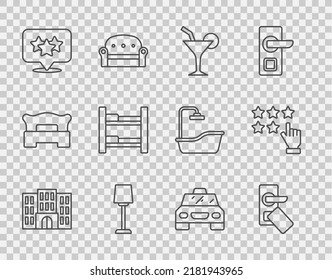 Set line Hotel building, Digital door lock, Cocktail, Table lamp, Stars rating, room bed, Taxi car and  icon. Vector