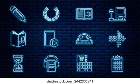 Edificio del hotel, flecha de los puntos, audiolibro, lápiz, rejilla del tractor y el icono de la corona de Laurel. Vector