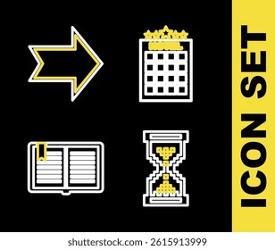 Set line Hotel building, Hourglass pixel, Open book and Arrow icon. Vector