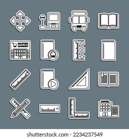 Set line Hotel building, Open book, Book, Bus, Audio, Supermarket, Pixel arrows four directions and Measuring height and length icon. Vector